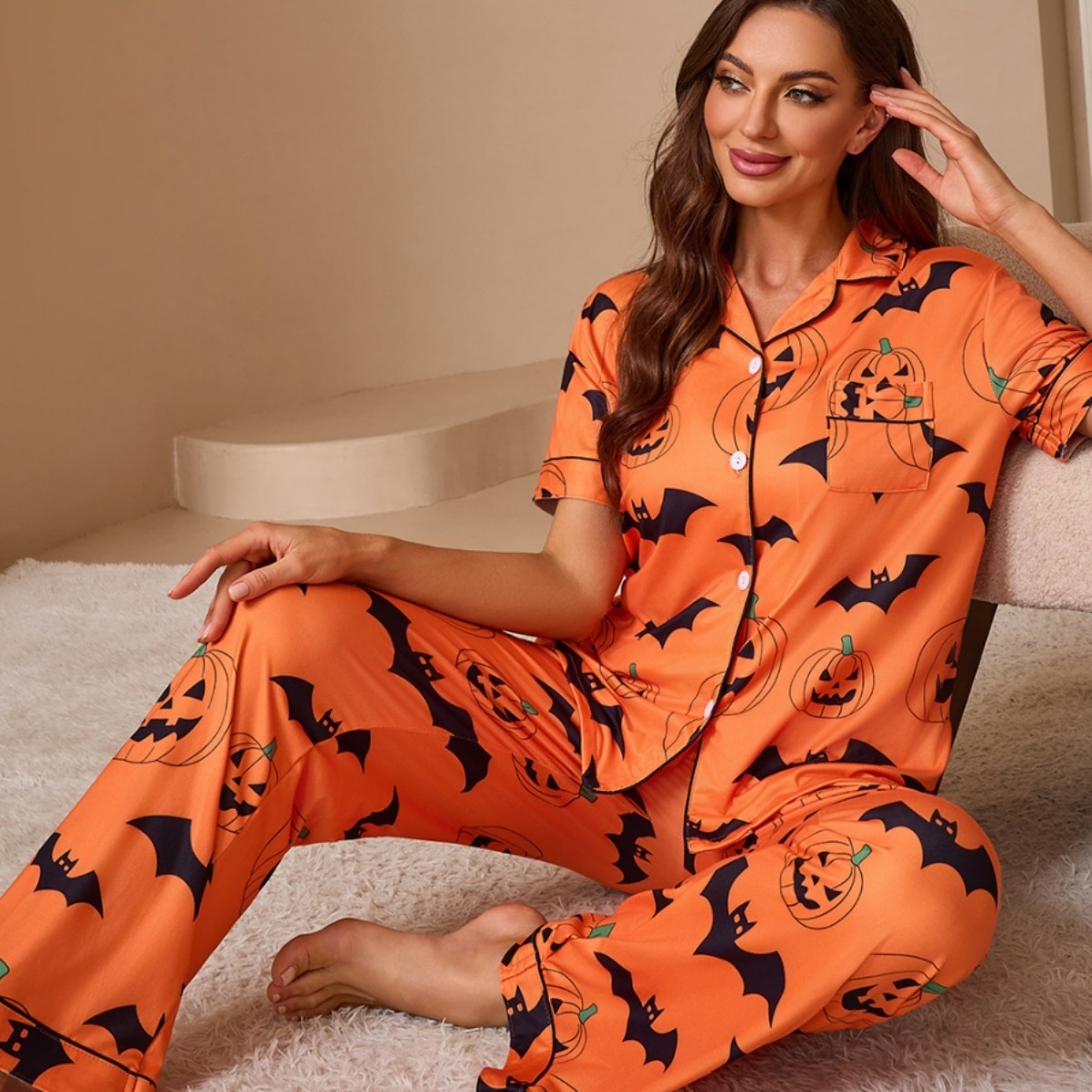 Women's Printed Pajamas Suit Fashionable Short-sleeved Shirt And Trousers