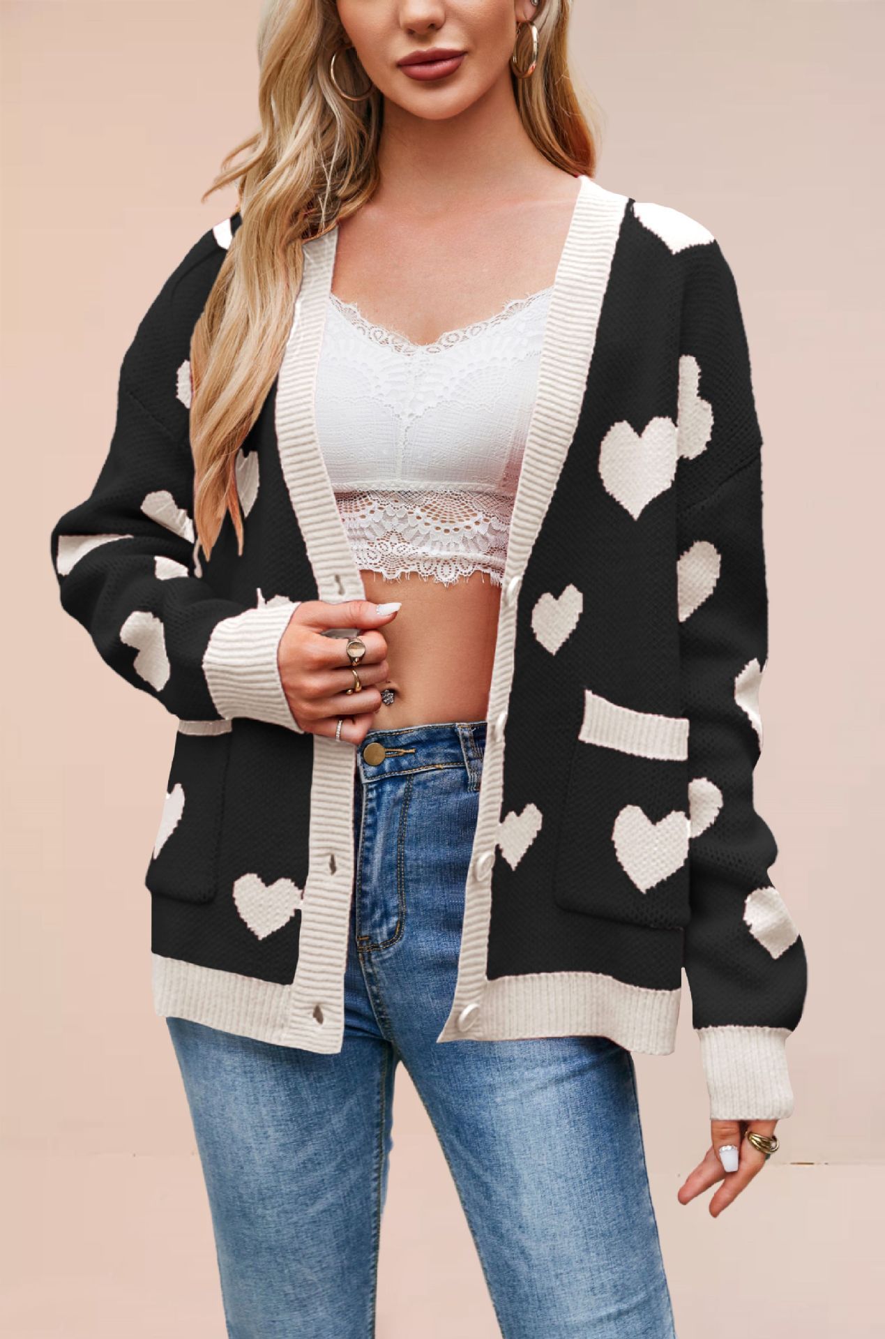 Heart Peach Knitted Cardigan Pocket V-neck Common Style Coat - Image 6