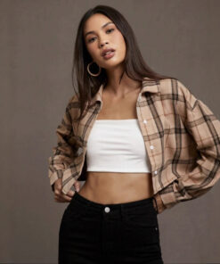 European And American Women's Clothing Short Long Sleeve Plaid Cropped Hot Girl Lapel Shirt