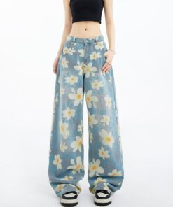 New Summer Printed Floral Wide-leg Washed Jeans For Women