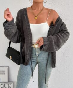 Alternative view of Sexy Deep V-neck Lace-up Knitted Solid Color Long Sleeve Sweater Coat