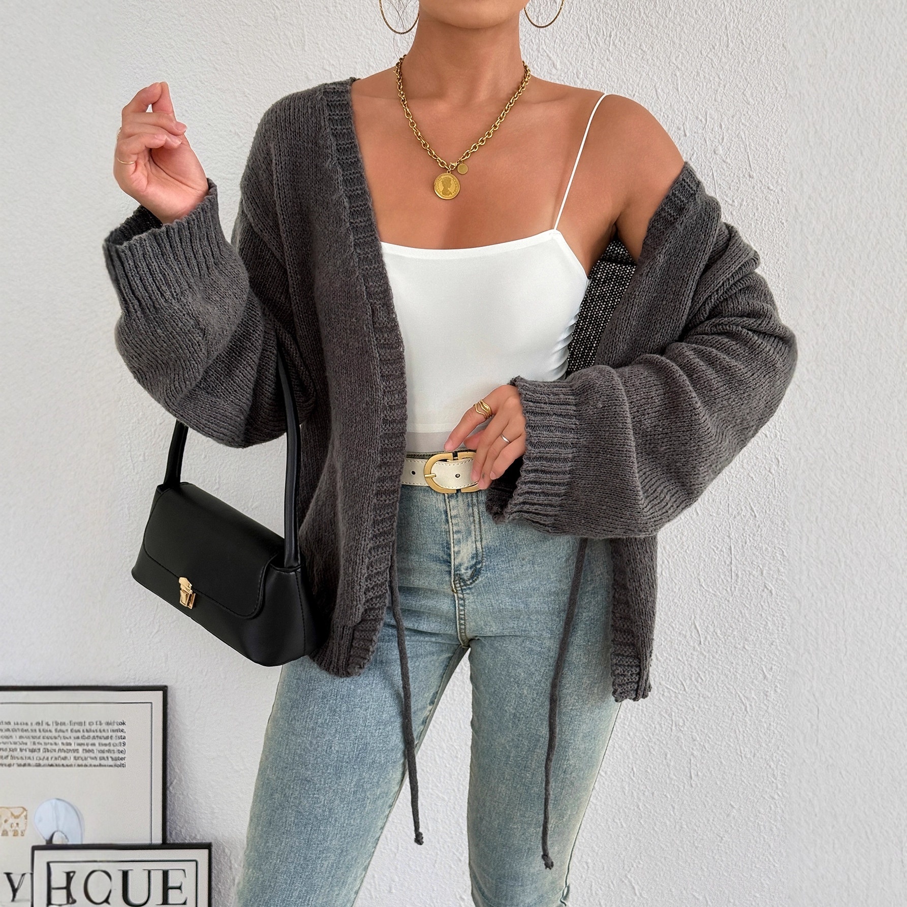 Sexy Deep V-neck Lace-up Knitted Solid Color Long Sleeve Sweater Coat - Image 2